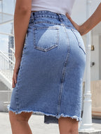 Women's Denim Midi Skirt - High-Waisted with Front Slit
