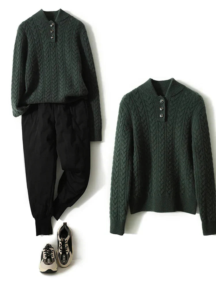 Arden Women’s Cable-Knit Cashmere Sweater – Button-Up