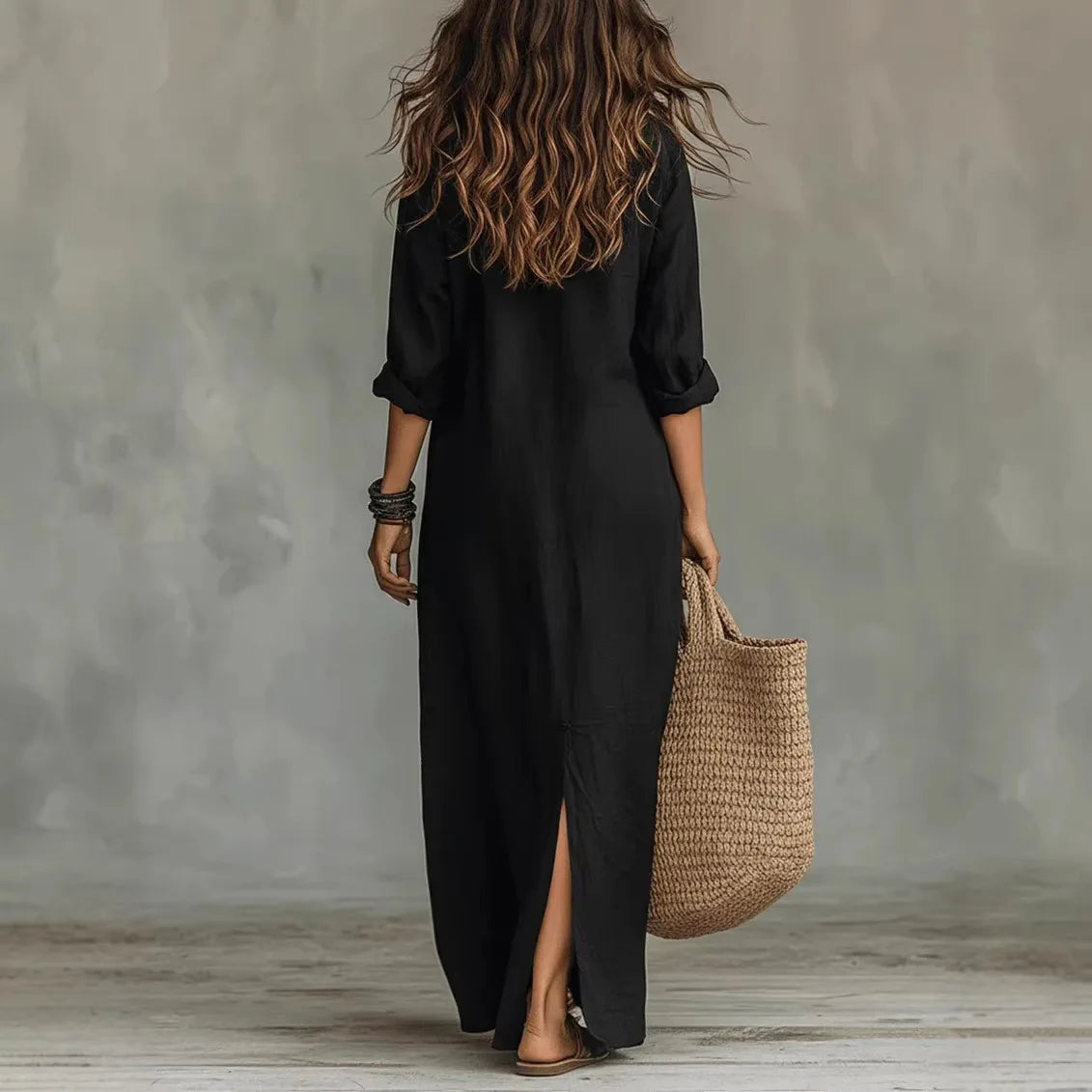 Agnes Long Linen Shirt Dress - Back Zipper & Relaxed Fit