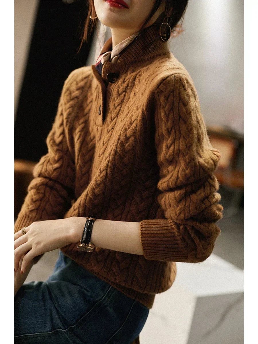 Arden Women’s Cable-Knit Cashmere Sweater – Button-Up