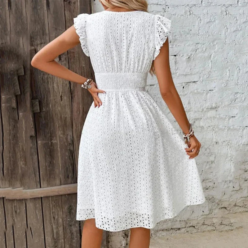 Lily V-Neck Summer Dress - Eyelet Smocked Waist A-Line