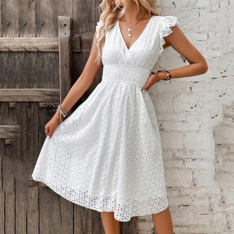 Lily V-Neck Summer Dress - Eyelet Smocked Waist A-Line