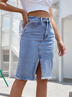 Women's Denim Midi Skirt - High-Waisted with Front Slit