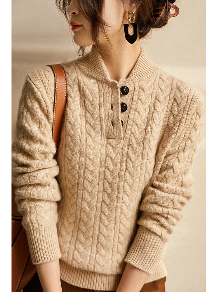 Arden Women’s Cable-Knit Cashmere Sweater – Button-Up