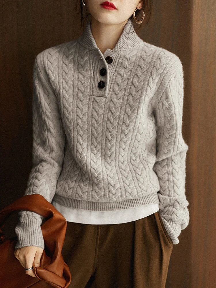 Arden Women’s Cable-Knit Cashmere Sweater – Button-Up