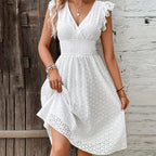 Lily V-Neck Summer Dress - Eyelet Smocked Waist A-Line