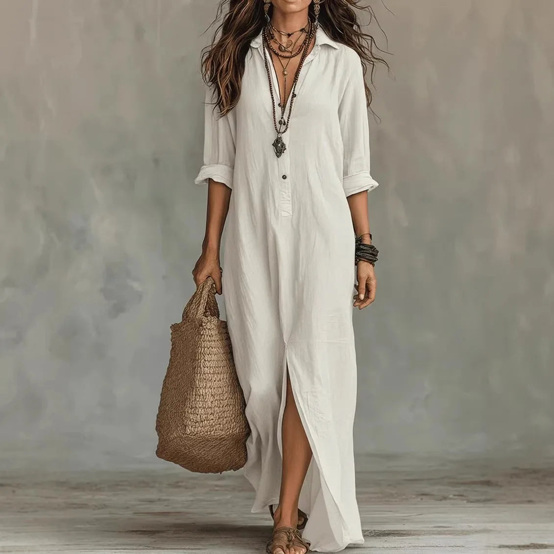 Agnes Long Linen Shirt Dress - Cotton 3/4 Sleeve Flowy