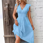 Lily V-Neck Summer Dress - Eyelet Smocked Waist A-Line