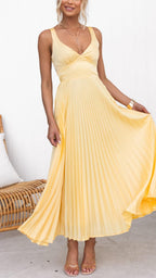 Aby Yellow Pleated V-Neck Maxi Dress