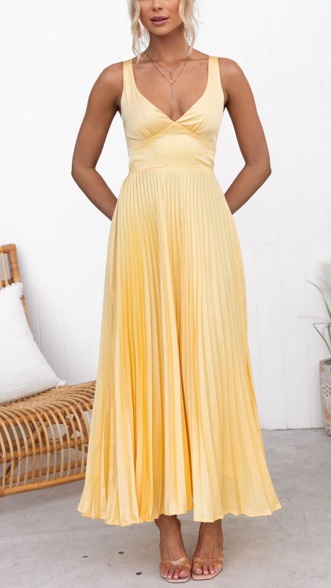Aby Yellow Pleated V-Neck Maxi Dress