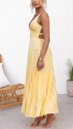 Aby Yellow Pleated V-Neck Maxi Dress