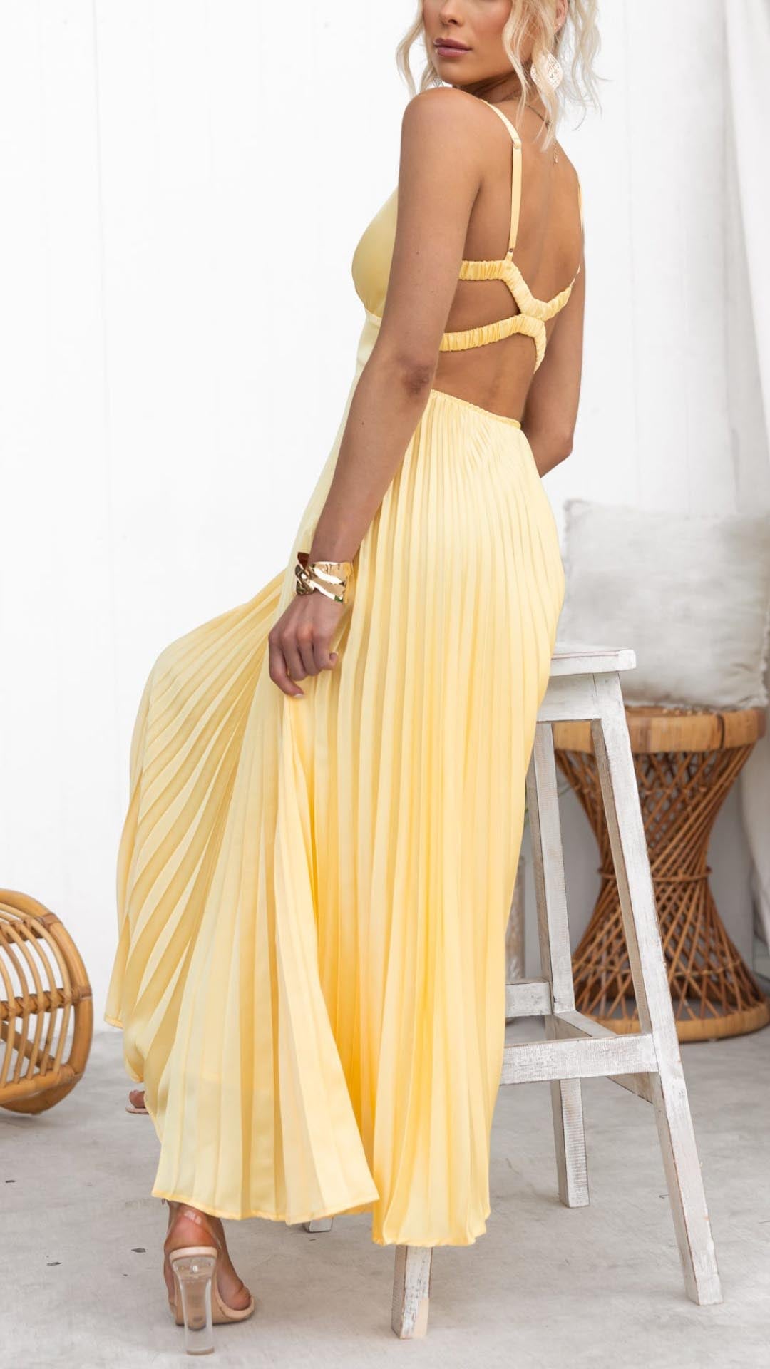 Aby Yellow Pleated V-Neck Maxi Dress