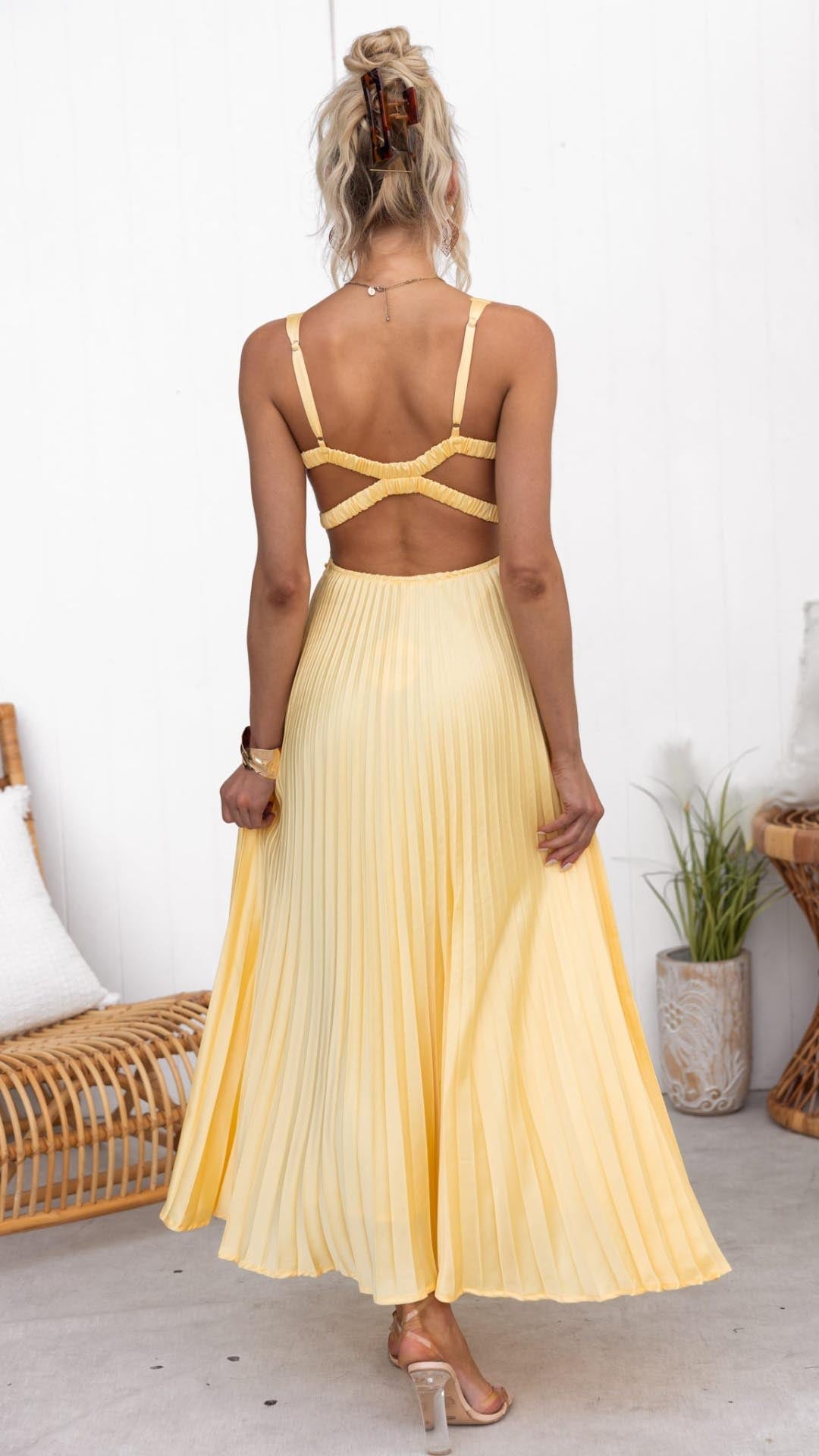 Aby Yellow Pleated V-Neck Maxi Dress