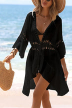 Women's Crochet Beach Cover Up - V-Neck Half Sleeve Knit Tunic