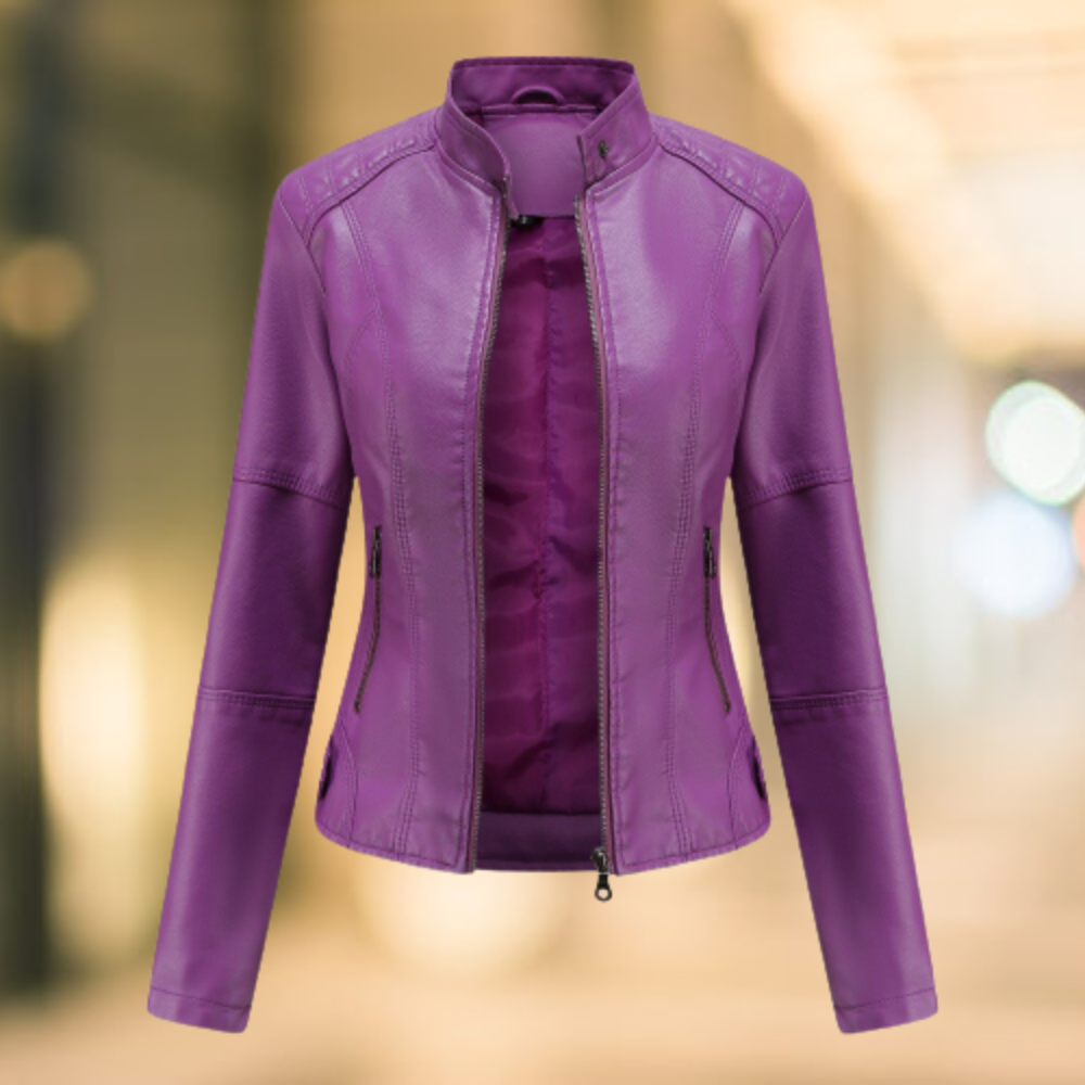 Leather Jacket with High Collar for Women