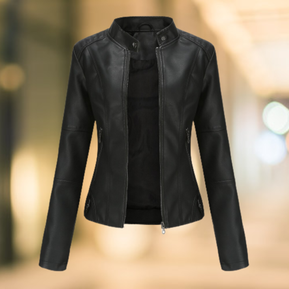 Leather Jacket with High Collar for Women