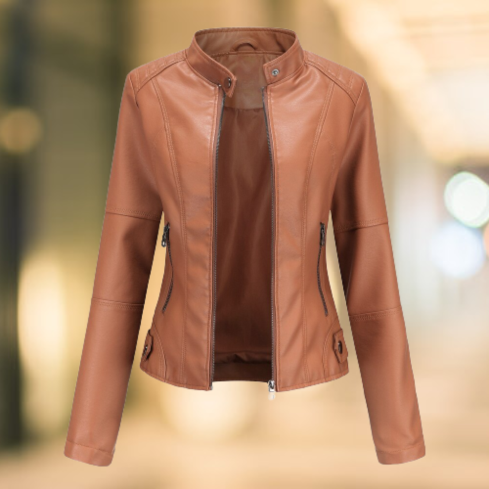 Leather Jacket with High Collar for Women