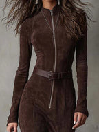 Women's Belted Long Sleeve Fall Dress – Zip Front
