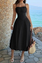 Women's A-Line Midi Dress – Ruched Bust Sleeveless