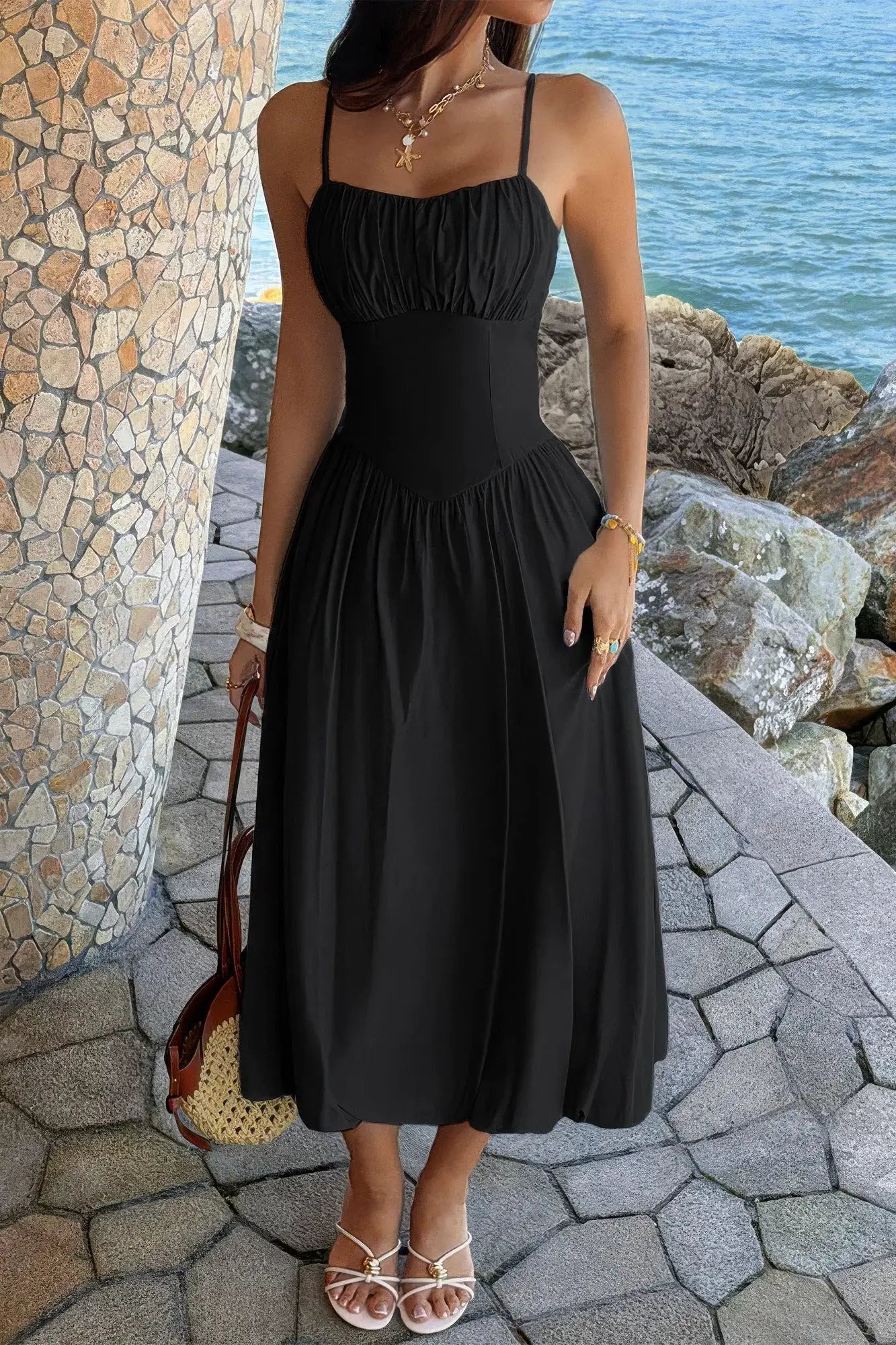Women's A-Line Midi Dress – Ruched Bust Sleeveless