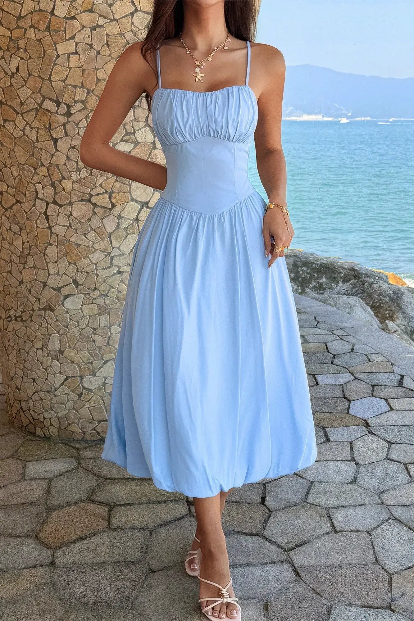 Women's A-Line Midi Dress – Ruched Bust Sleeveless