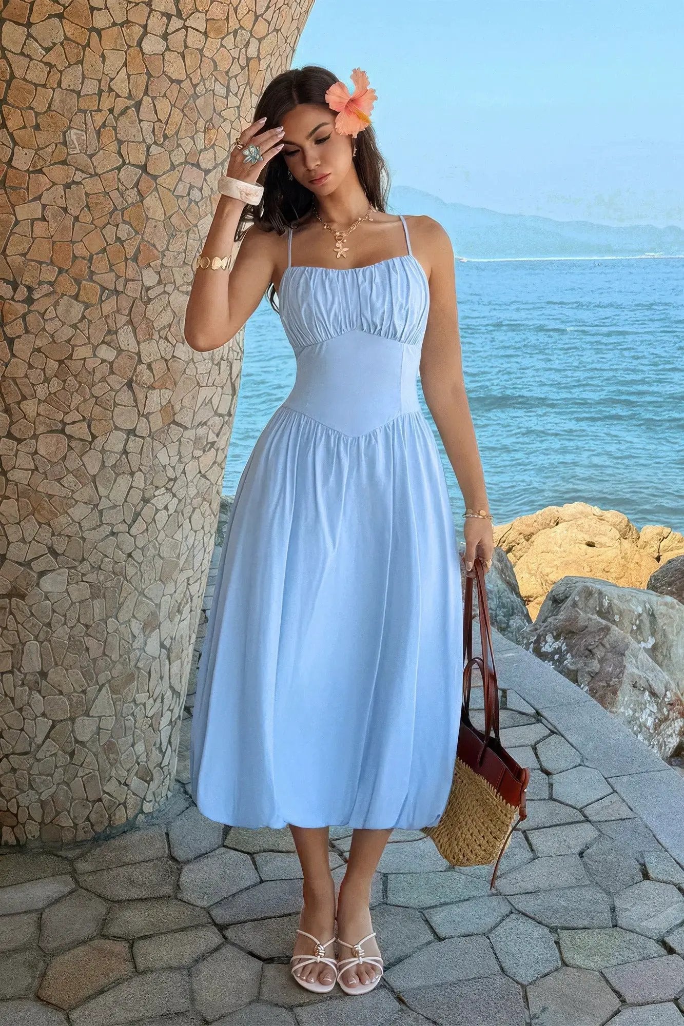 Women's A-Line Midi Dress – Ruched Bust Sleeveless