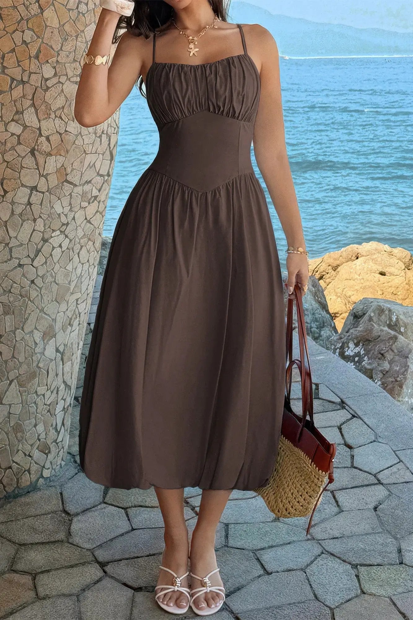Women's A-Line Midi Dress – Ruched Bust Sleeveless