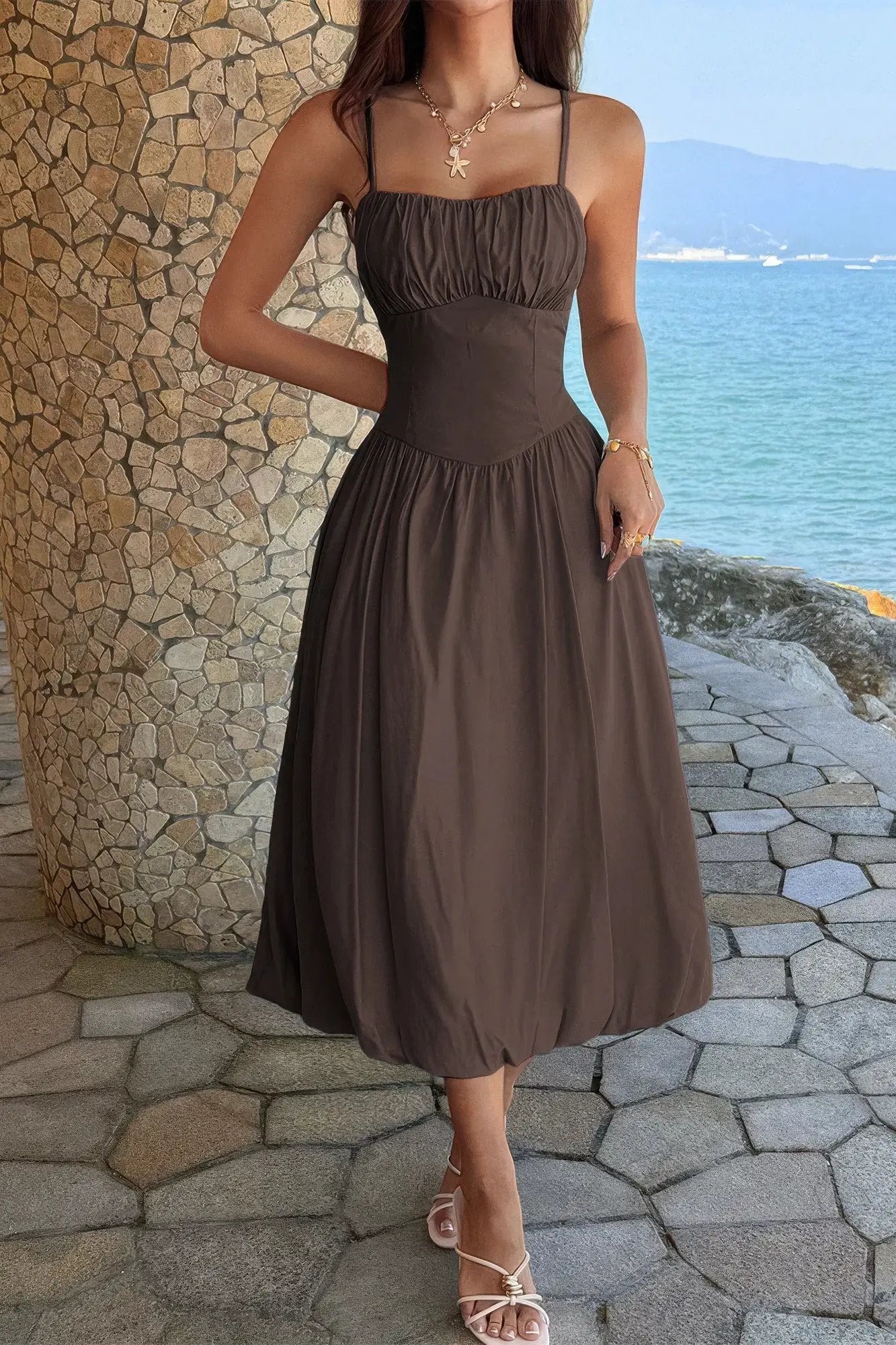 Women's A-Line Midi Dress – Ruched Bust Sleeveless