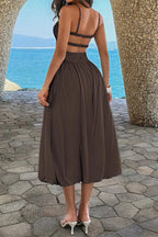 Women's A-Line Midi Dress – Ruched Bust Sleeveless