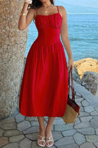 Women's A-Line Midi Dress – Ruched Bust Sleeveless