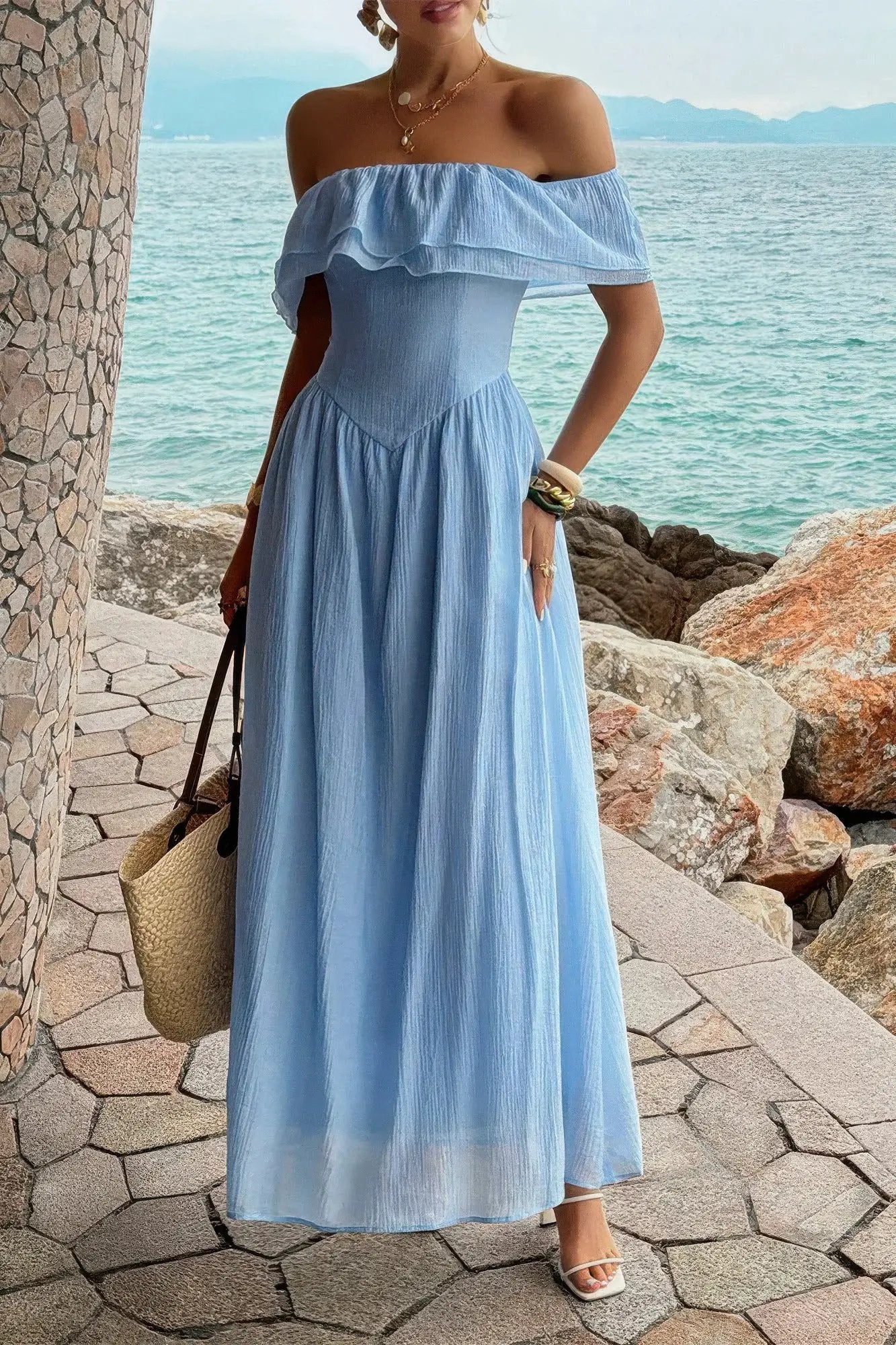Women's Off-Shoulder Corset Maxi Dress – Ruffle Long