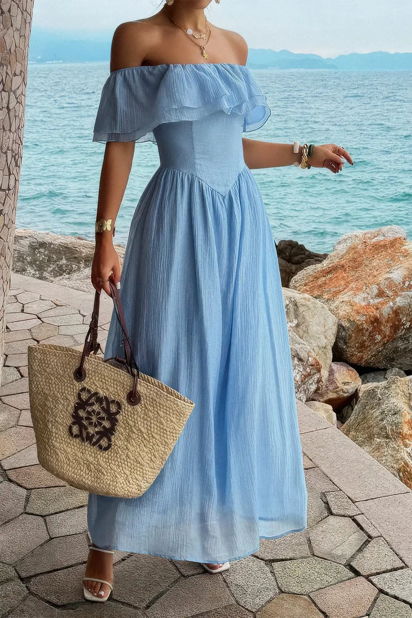 Women's Off-Shoulder Corset Maxi Dress – Ruffle Long