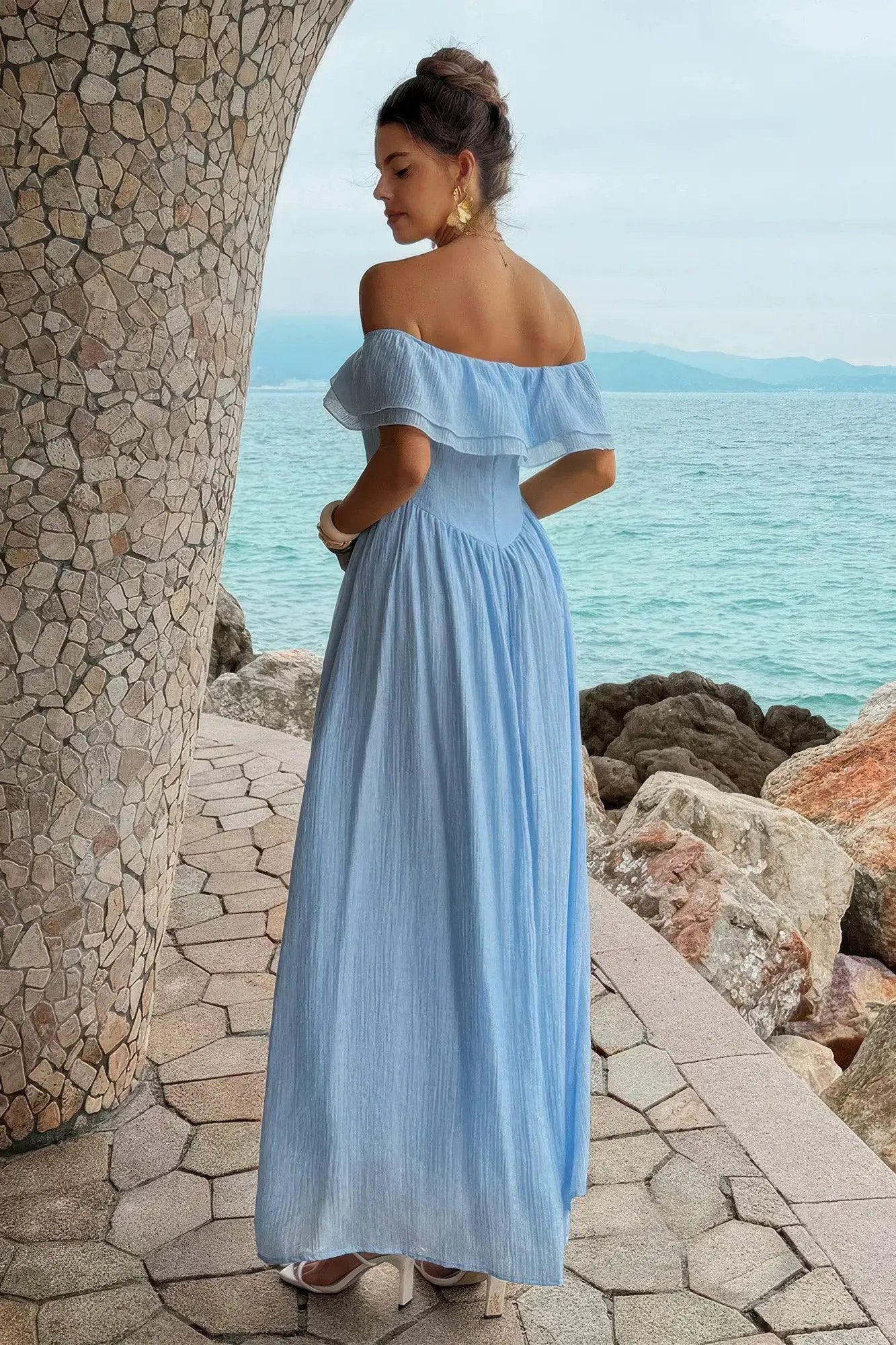 Women's Off-Shoulder Corset Maxi Dress – Ruffle Long