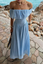 Women's Off-Shoulder Corset Maxi Dress – Ruffle Long