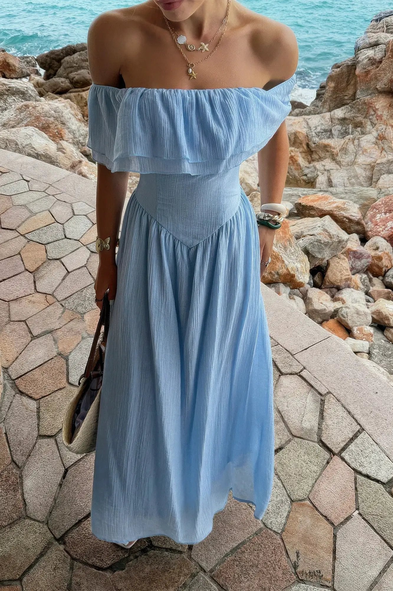 Women's Off-Shoulder Corset Maxi Dress – Ruffle Long