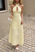 Solid Halter Cross Neck Backless Full Dress