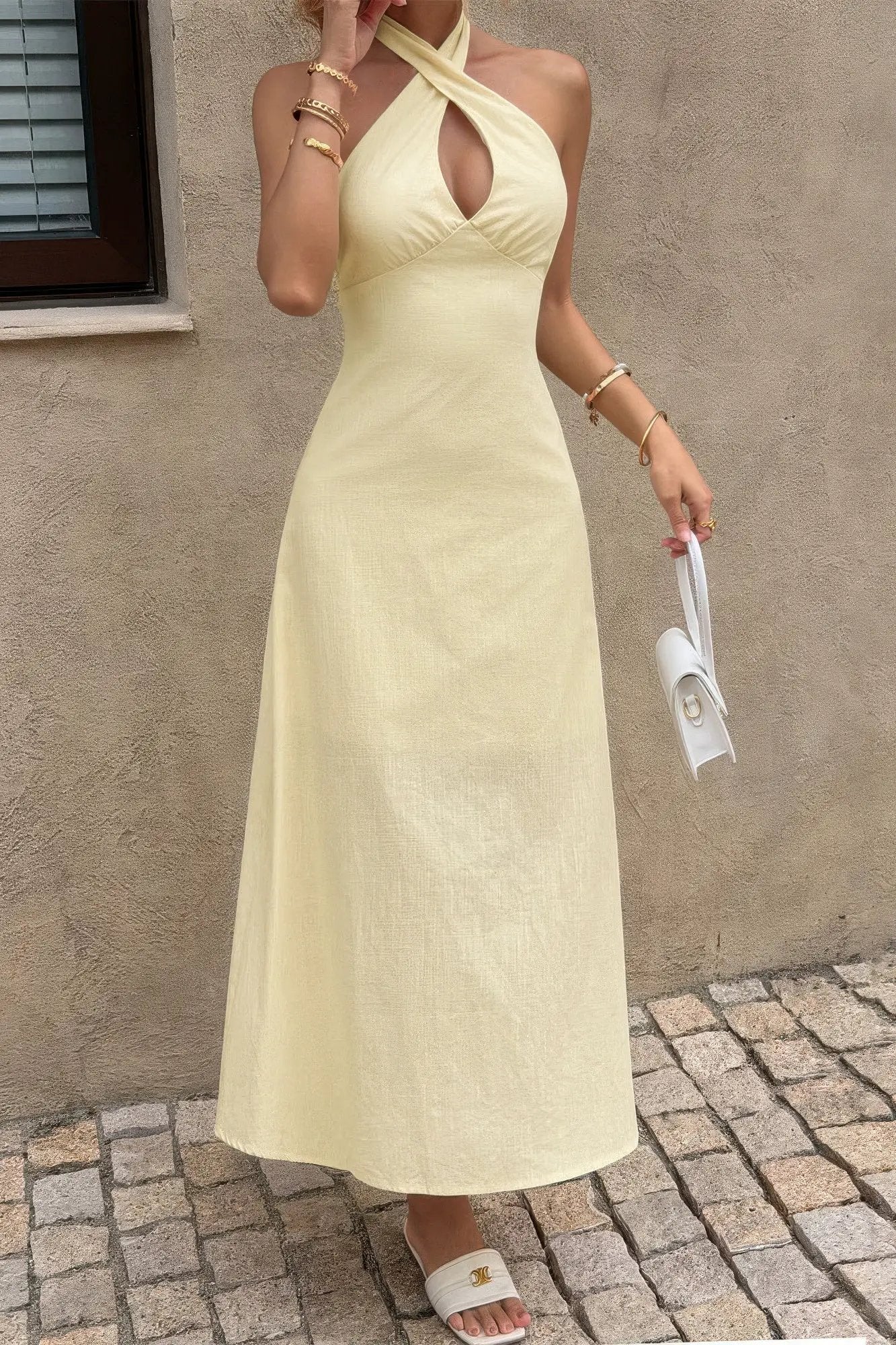 Solid Halter Cross Neck Backless Full Dress