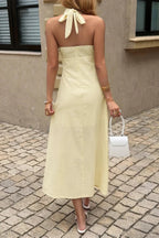 Solid Halter Cross Neck Backless Full Dress
