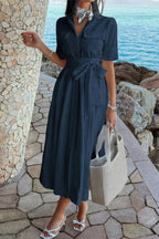 Solid Pocket Turn Down Collar A Line Dress
