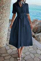Solid Pocket Turn Down Collar A Line Dress