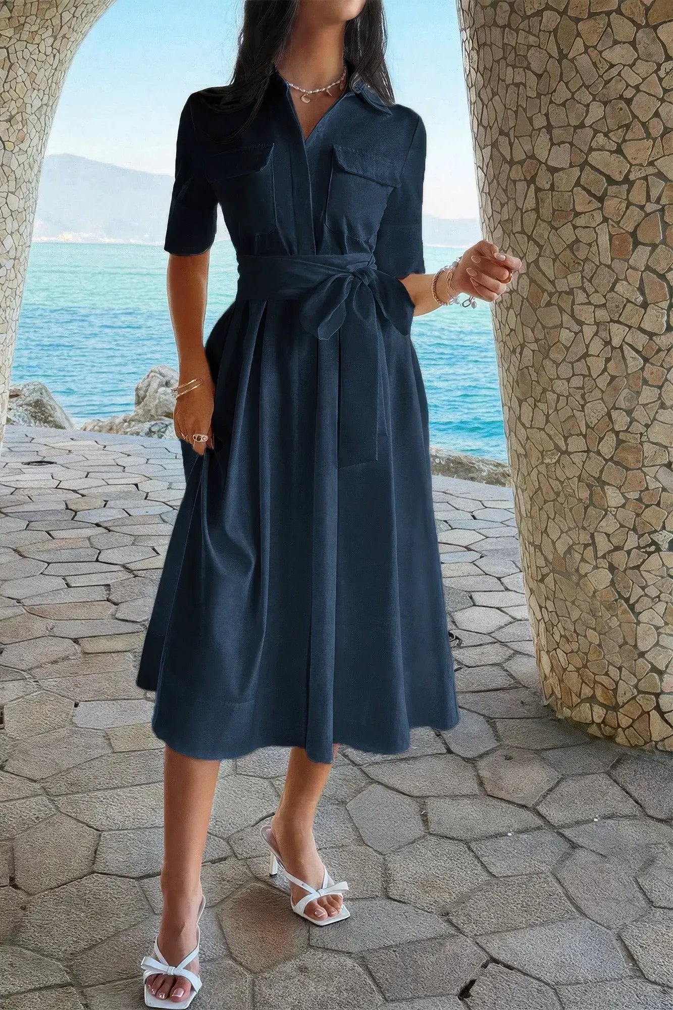 Solid Pocket Turn Down Collar A Line Dress