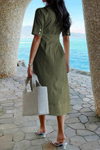 Solid Pocket Turn Down Collar A Line Dress