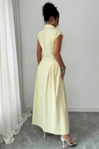 Front Slit Collar Cap Sleeve Ruched Waist Long Dress