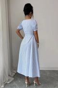 Square Neck Puff Sleeve Backless Bow Tied Striped Flowy Dress