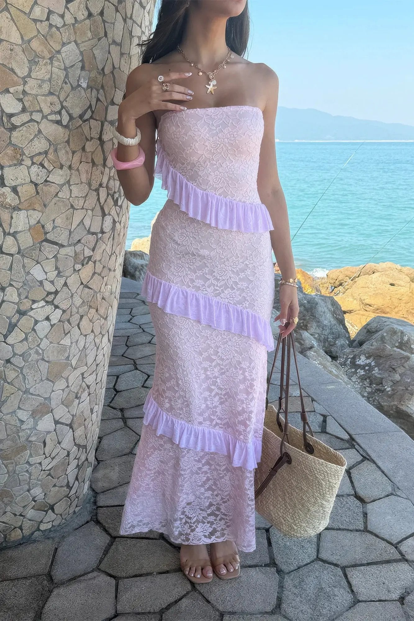 Solid Off Shoulder Bodycon Lace Maxi Dress