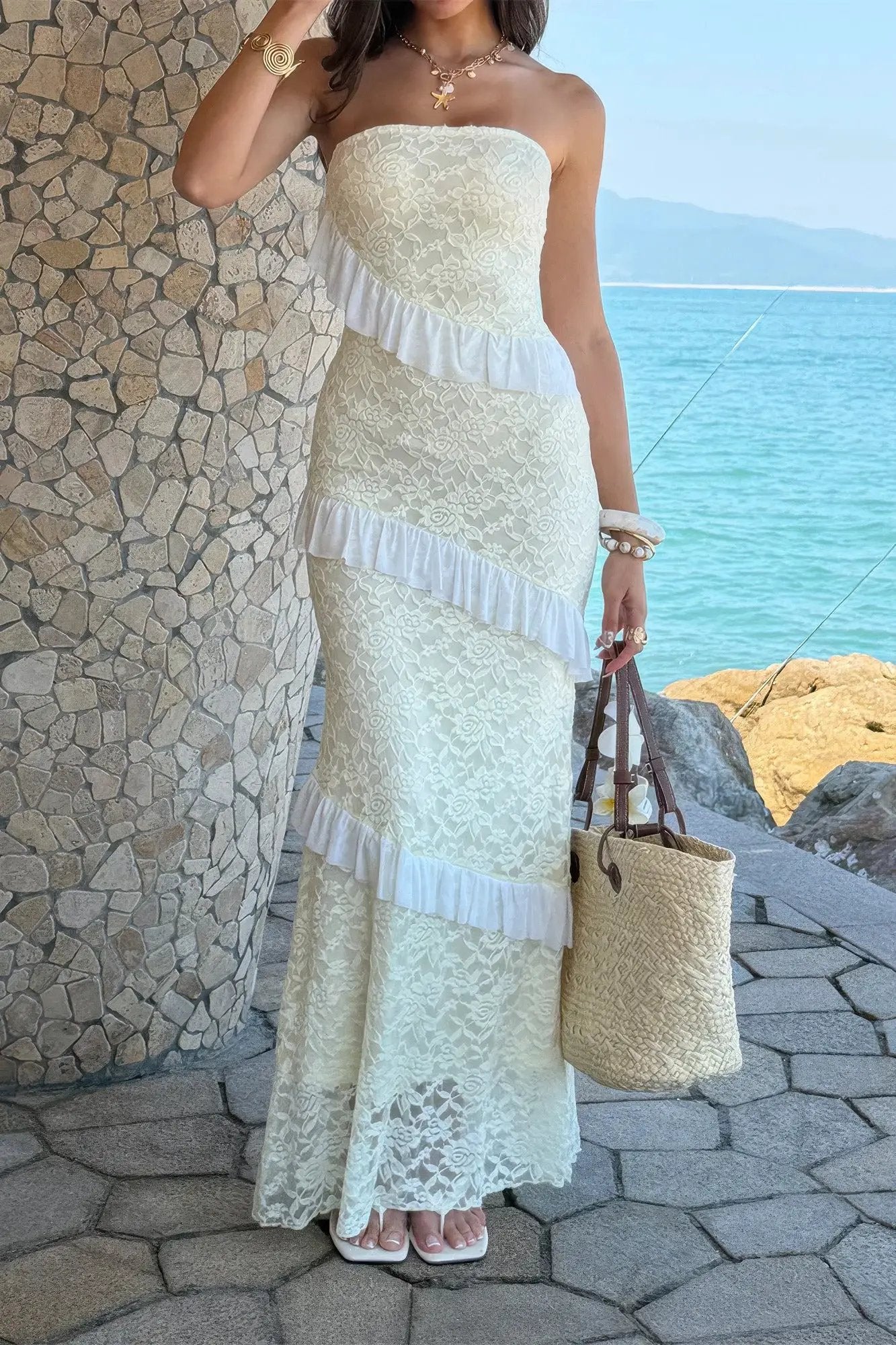 Solid Off Shoulder Bodycon Lace Maxi Dress