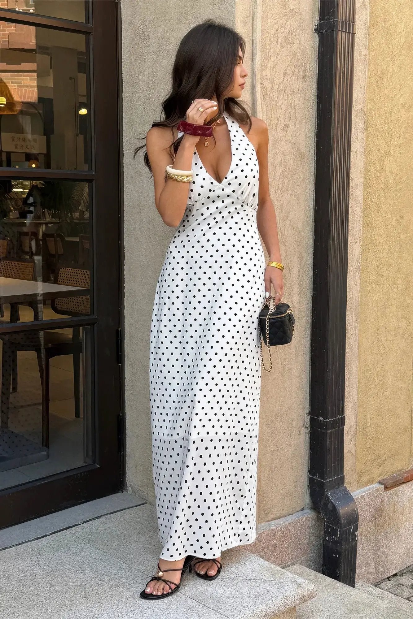 Polkadot Halter Bodycon Sleeveless Long Dress