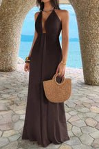 Halter Solid Hide Zipper A Line Maxi Dress