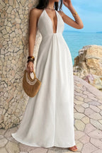 Halter Solid Hide Zipper A Line Maxi Dress