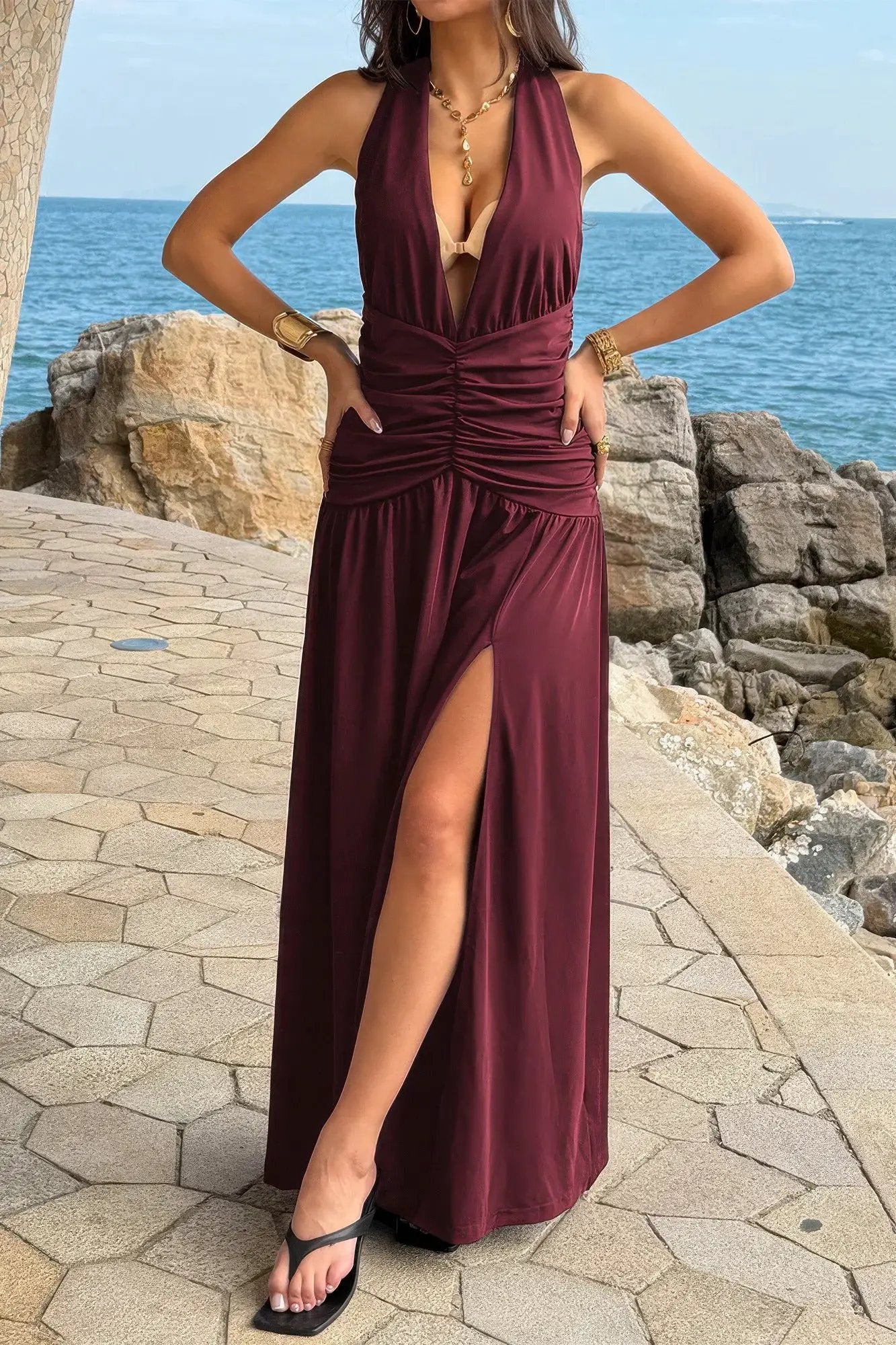 Halter Deep V Neck High Slit Ruched Maxi Dress